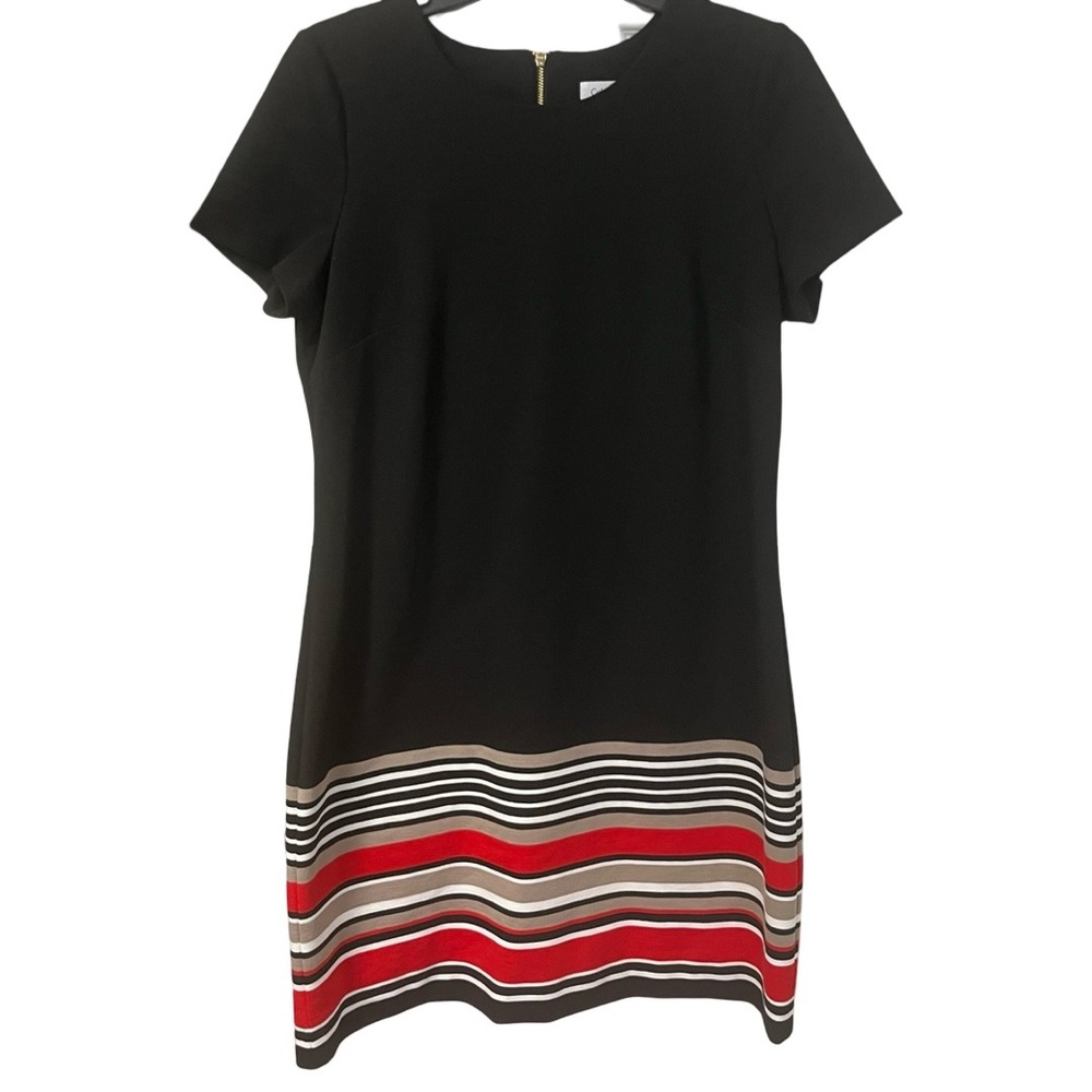 Calvin Klein Women's Black Striped Hem Sheath Above Knee Dress Size 12